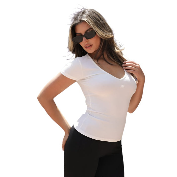 Ribbed V-Neck Short Sleeve Top