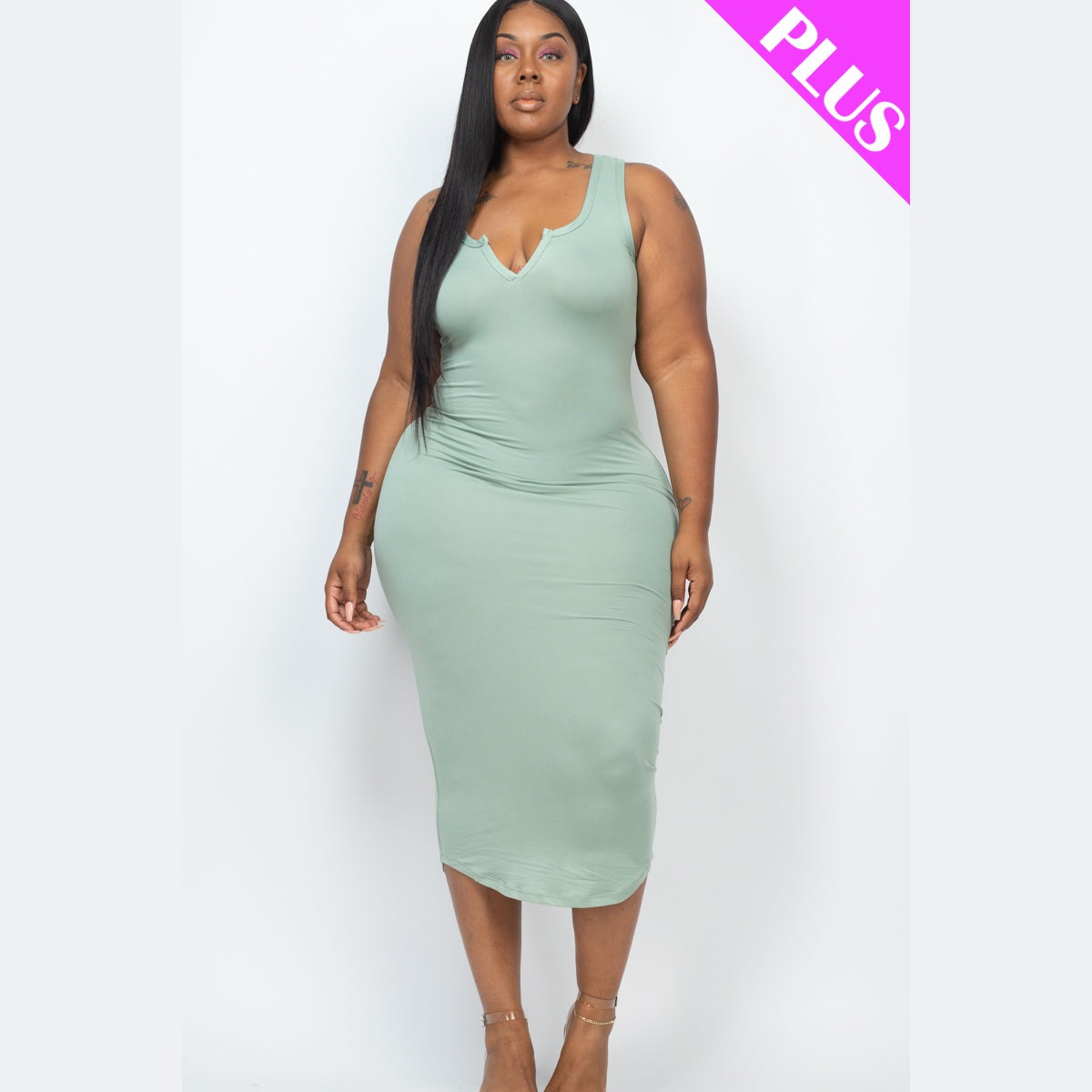 Plus Size Split Neck Tank Midi Dress