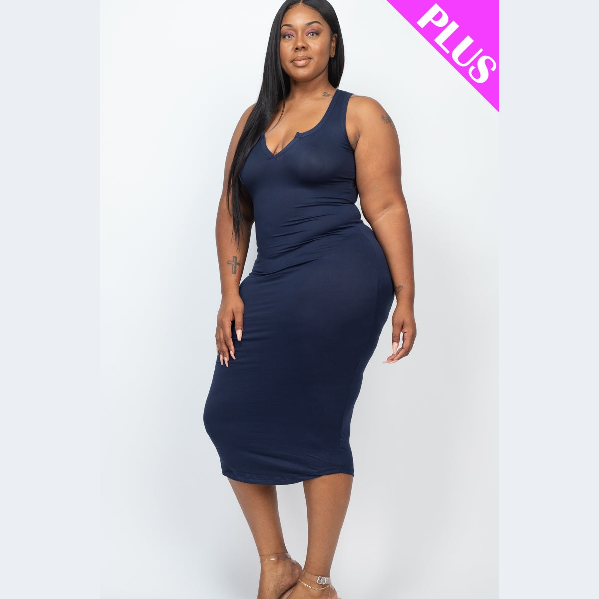 Plus Size Split Neck Tank Midi Dress