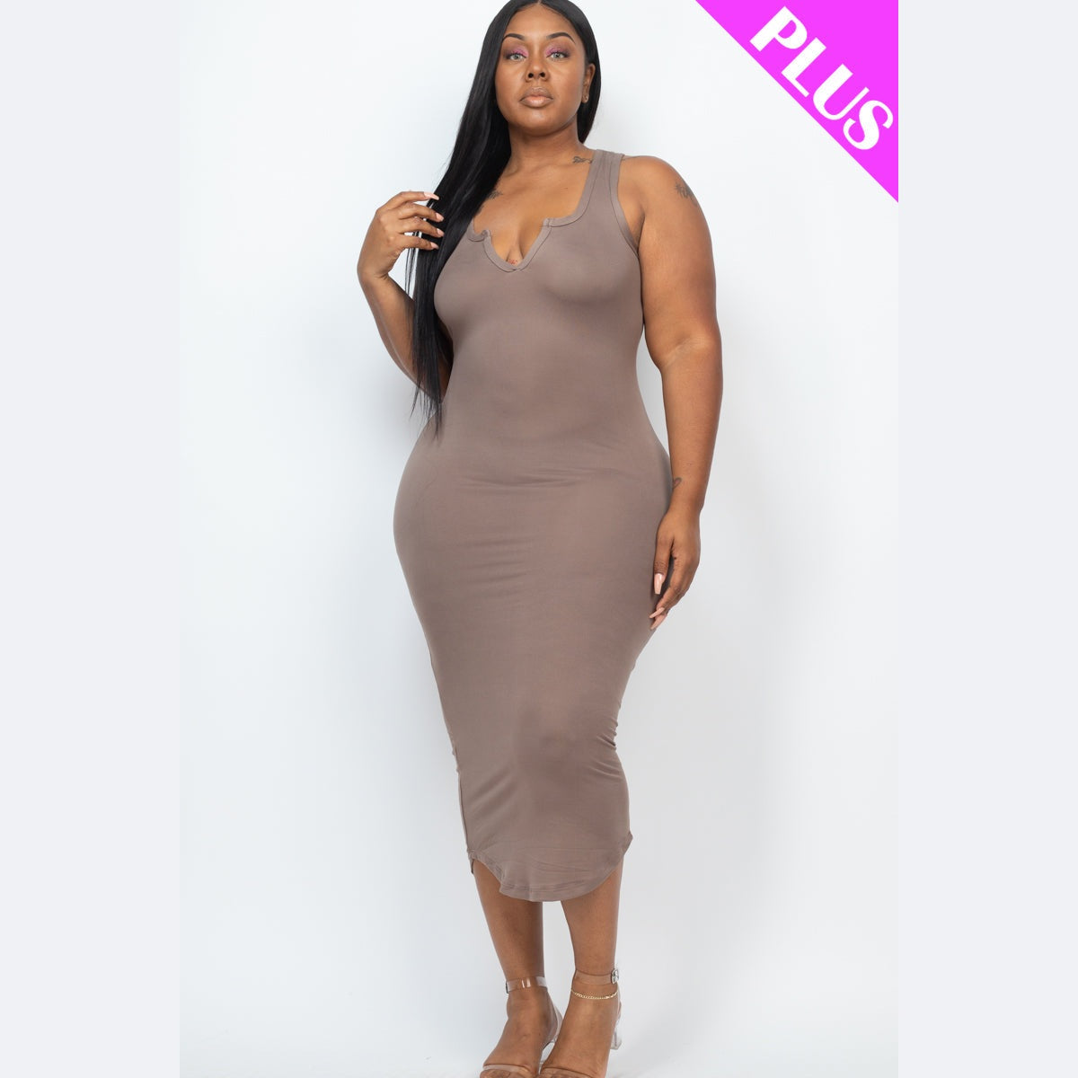 Plus Size Split Neck Tank Midi Dress