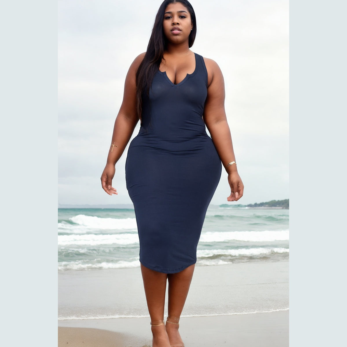 Plus Size Split Neck Tank Midi Dress