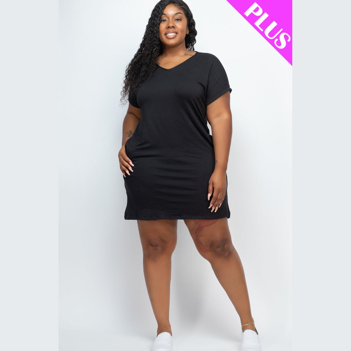 Plus Size Cap Sleeve Pocket Mini Dress