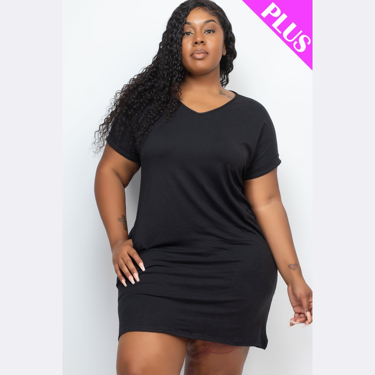 Plus Size Cap Sleeve Pocket Mini Dress