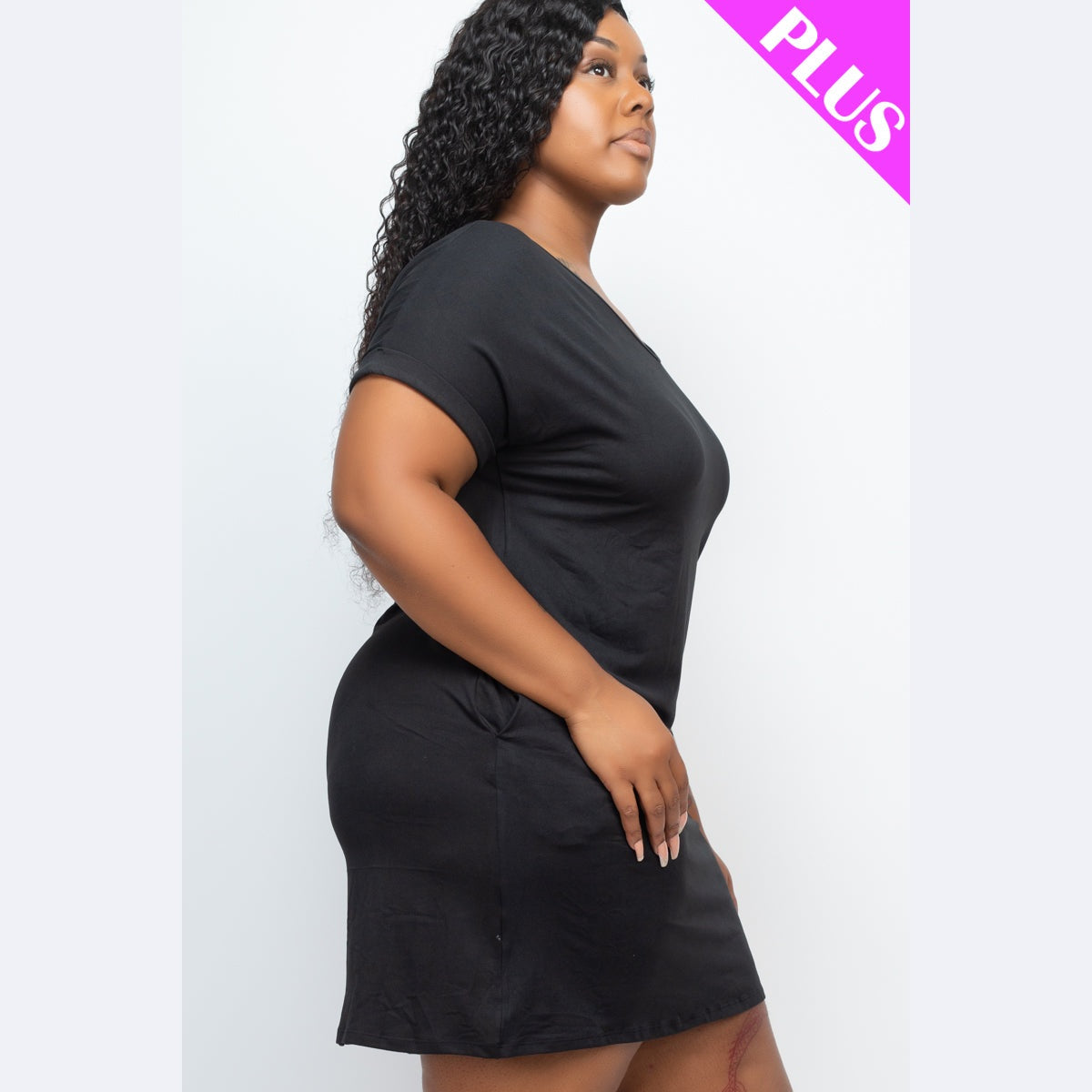 Plus Size Cap Sleeve Pocket Mini Dress