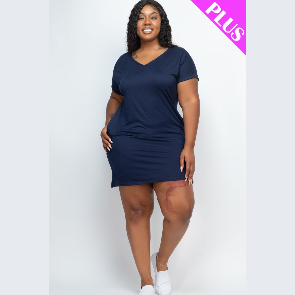 Plus Size Cap Sleeve Pocket Mini Dress