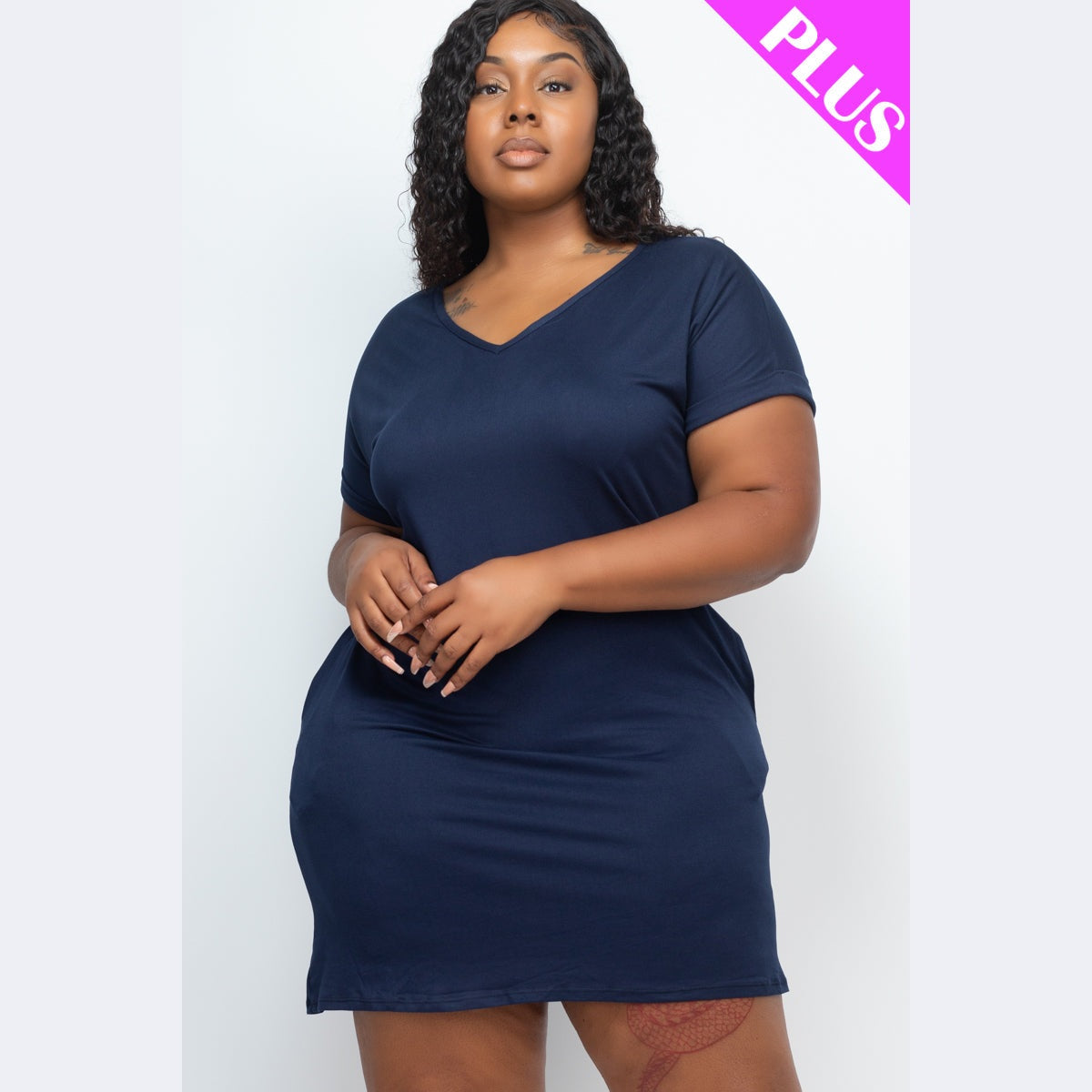 Plus Size Cap Sleeve Pocket Mini Dress
