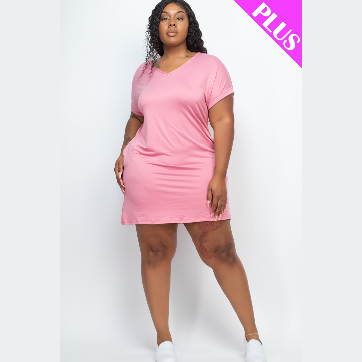 Plus Size Cap Sleeve Pocket Mini Dress