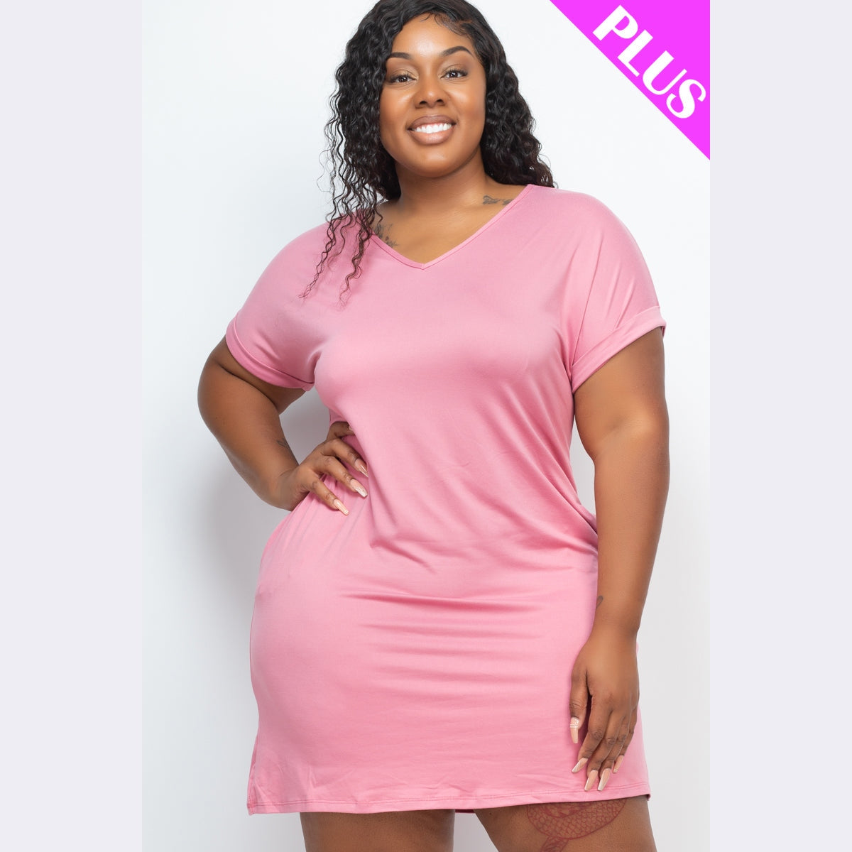 Plus Size Cap Sleeve Pocket Mini Dress