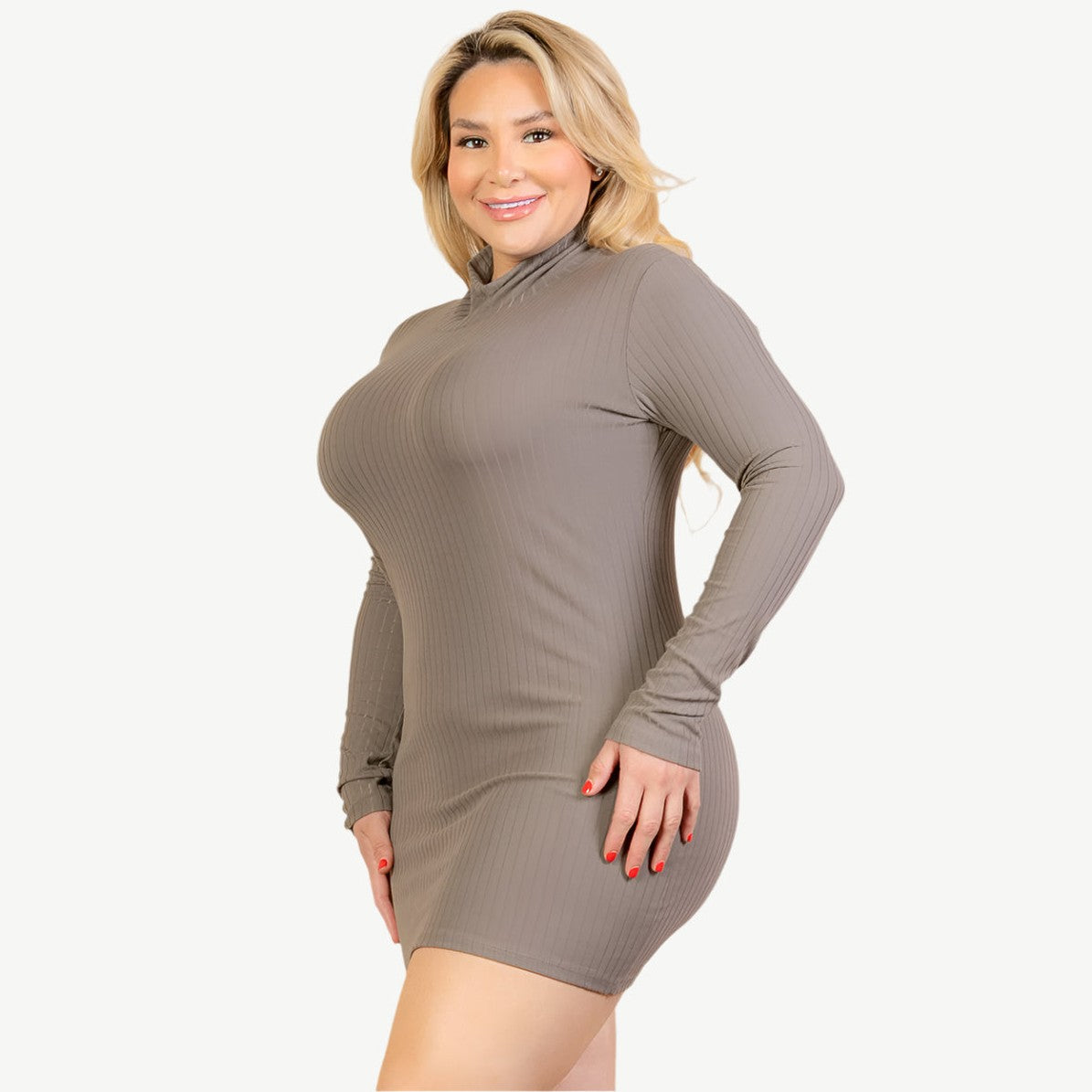 Plus Size Ribbed Long Sleeve Mock Neck Mini Bodycon dress