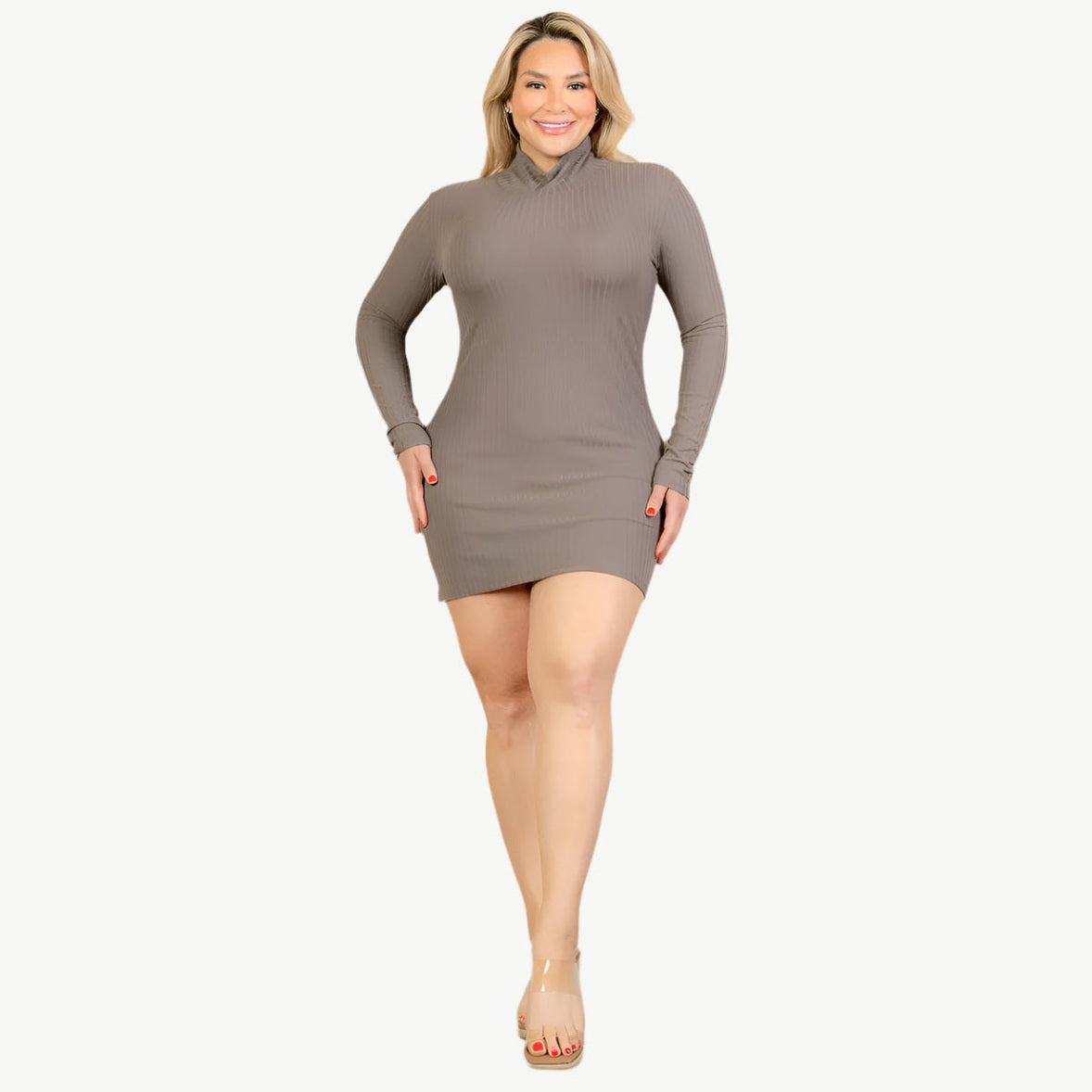 Plus Size Ribbed Long Sleeve Mock Neck Mini Bodycon dress