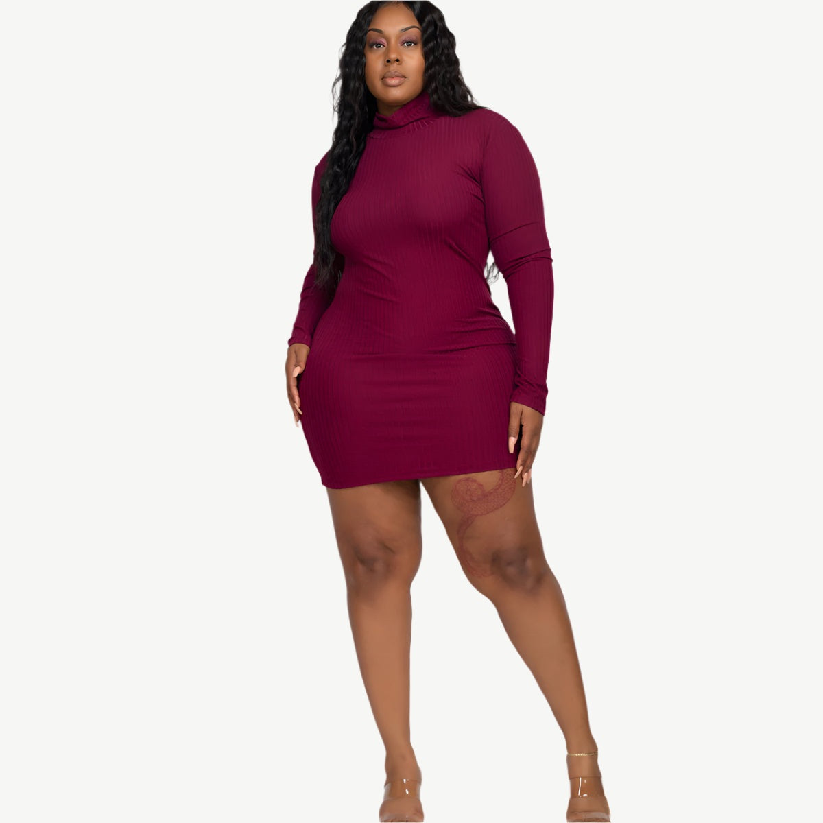 Plus Size Ribbed Long Sleeve Mock Neck Mini Bodycon dress