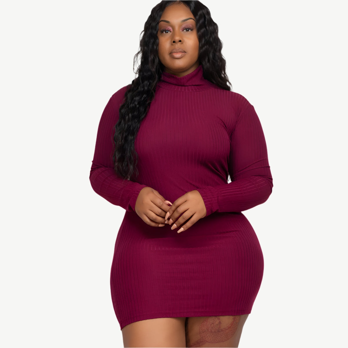 Plus Size Ribbed Long Sleeve Mock Neck Mini Bodycon dress