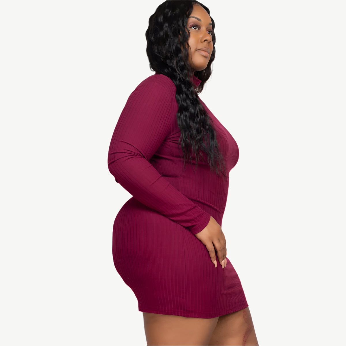 Plus Size Ribbed Long Sleeve Mock Neck Mini Bodycon dress