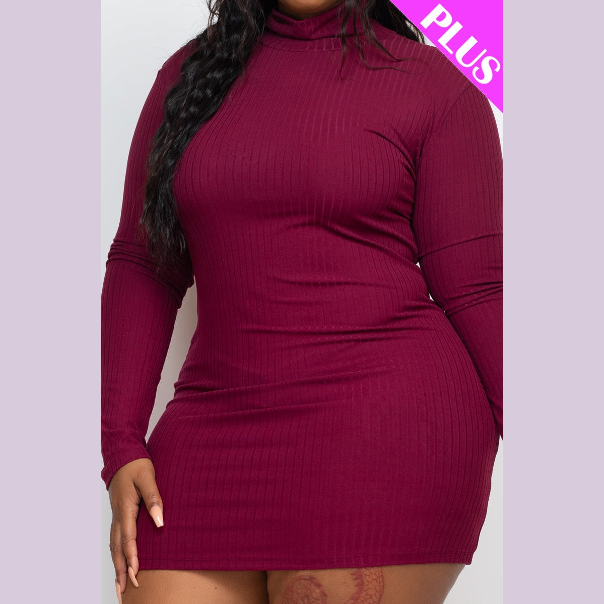 Plus Size Ribbed Long Sleeve Mock Neck Mini Bodycon dress