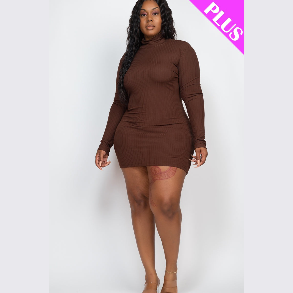Plus Size Ribbed Long Sleeve Mock Neck Mini Bodycon dress