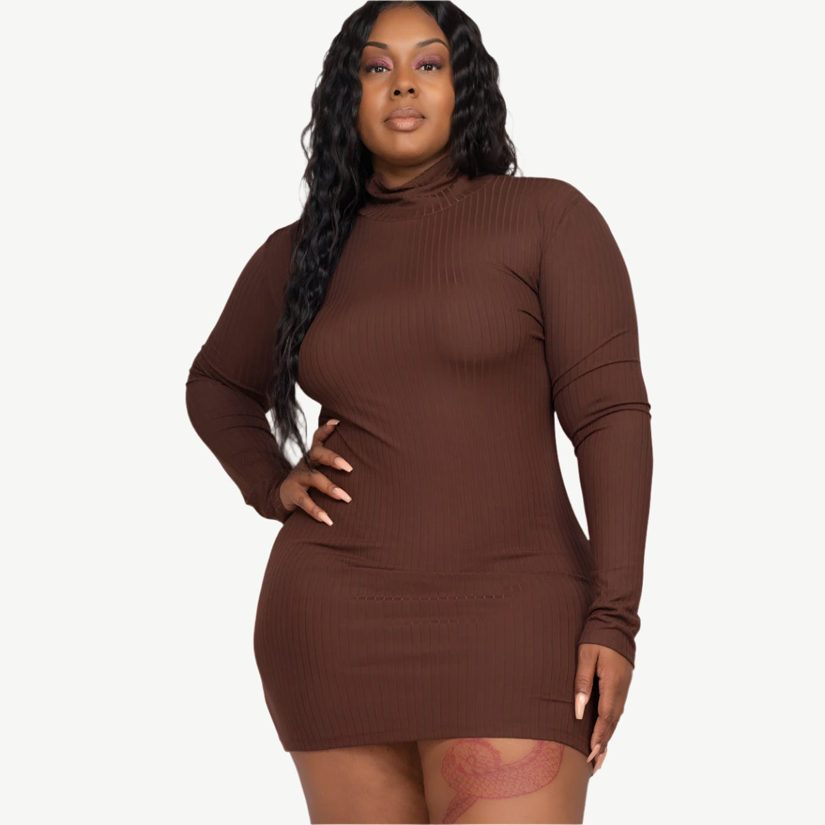 Plus Size Ribbed Long Sleeve Mock Neck Mini Bodycon dress