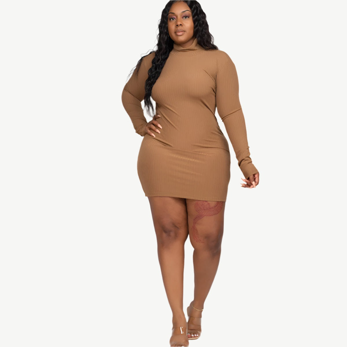Plus Size Ribbed Long Sleeve Mock Neck Mini Bodycon dress
