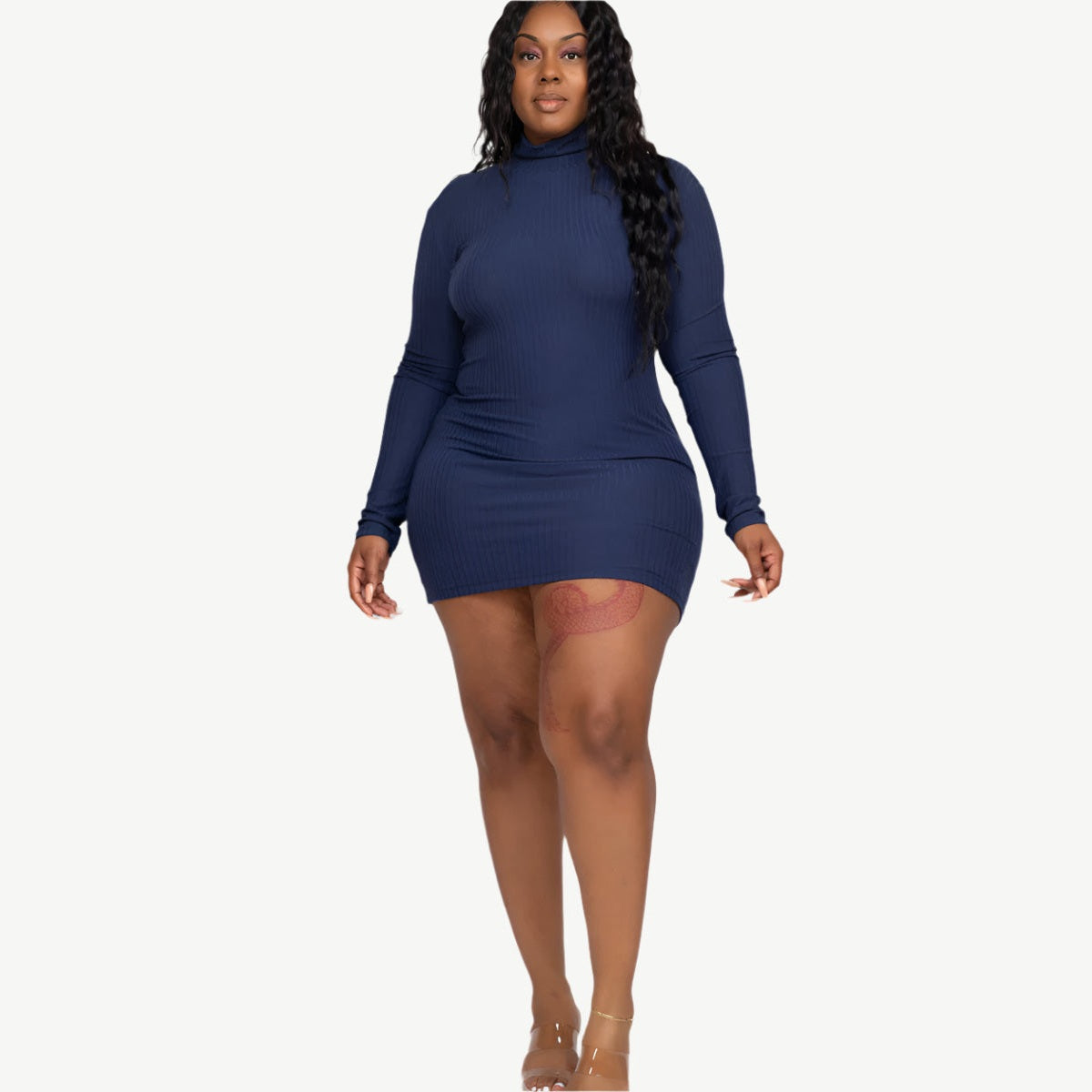 Plus Size Ribbed Long Sleeve Mock Neck Mini Bodycon dress