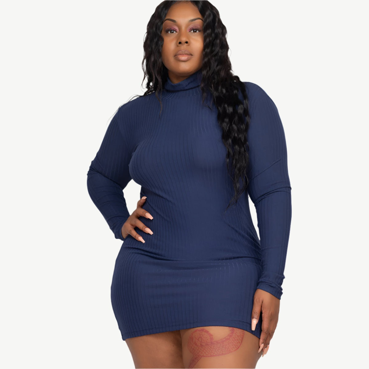 Plus Size Ribbed Long Sleeve Mock Neck Mini Bodycon dress
