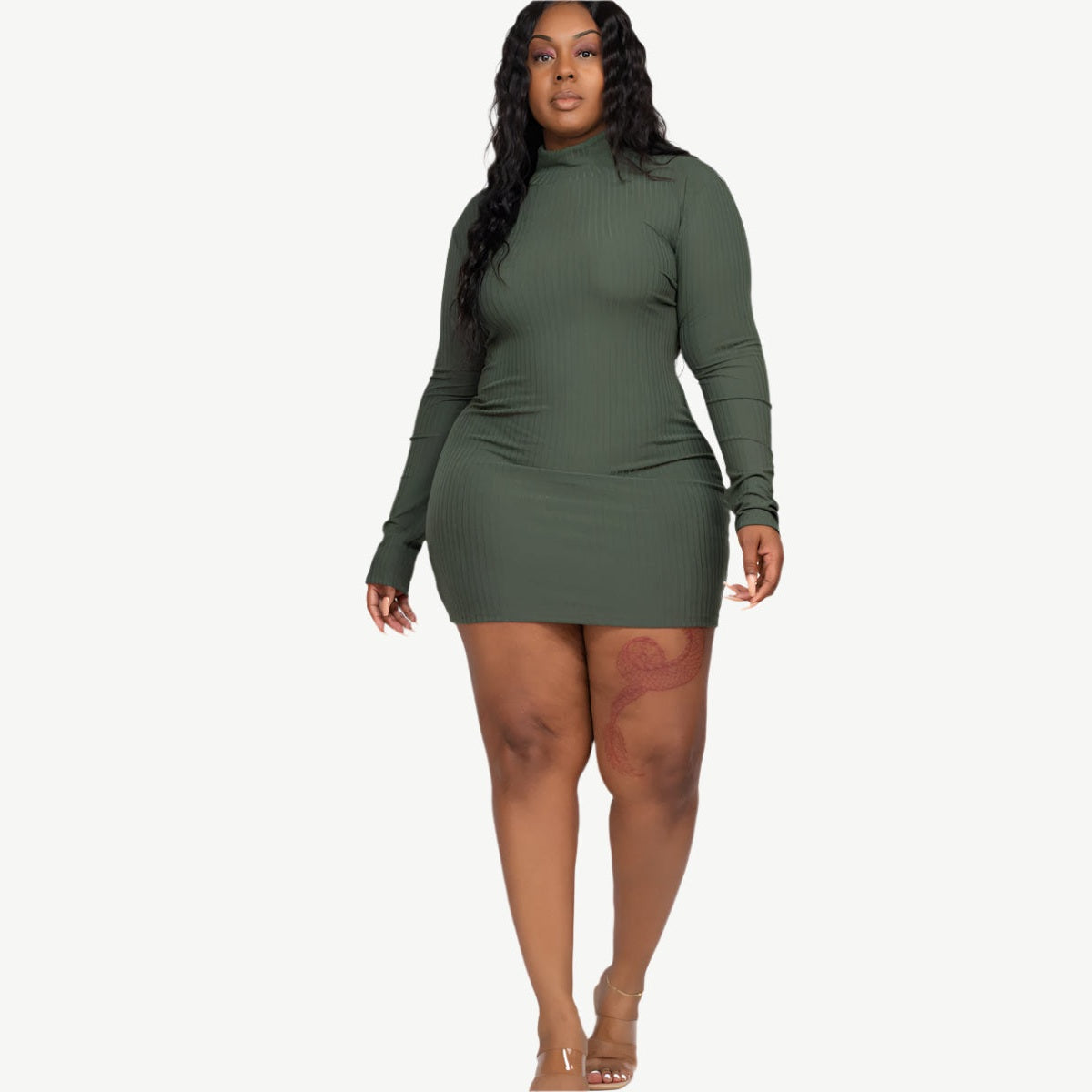 Plus Size Ribbed Long Sleeve Mock Neck Mini Bodycon dress