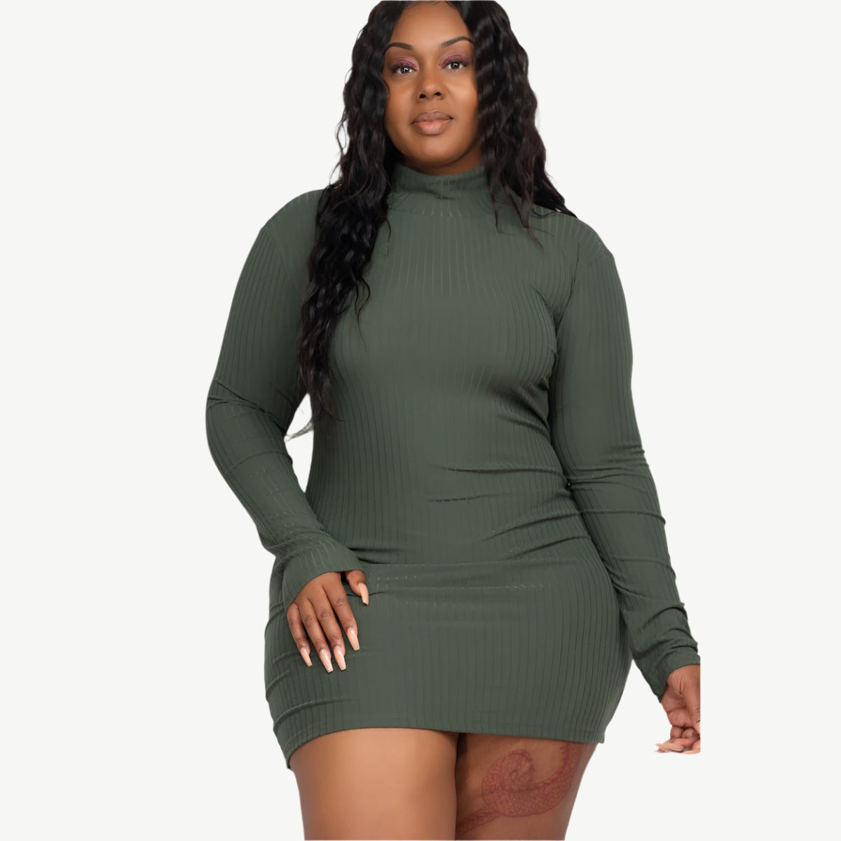 Plus Size Ribbed Long Sleeve Mock Neck Mini Bodycon dress