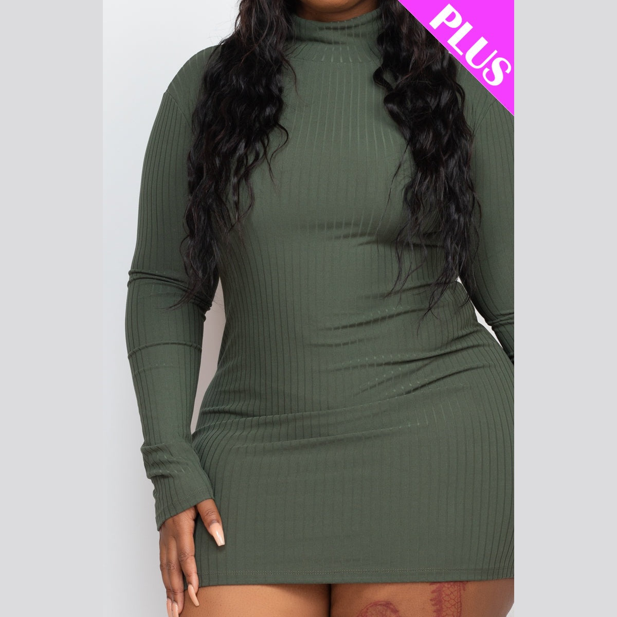 Plus Size Ribbed Long Sleeve Mock Neck Mini Bodycon dress