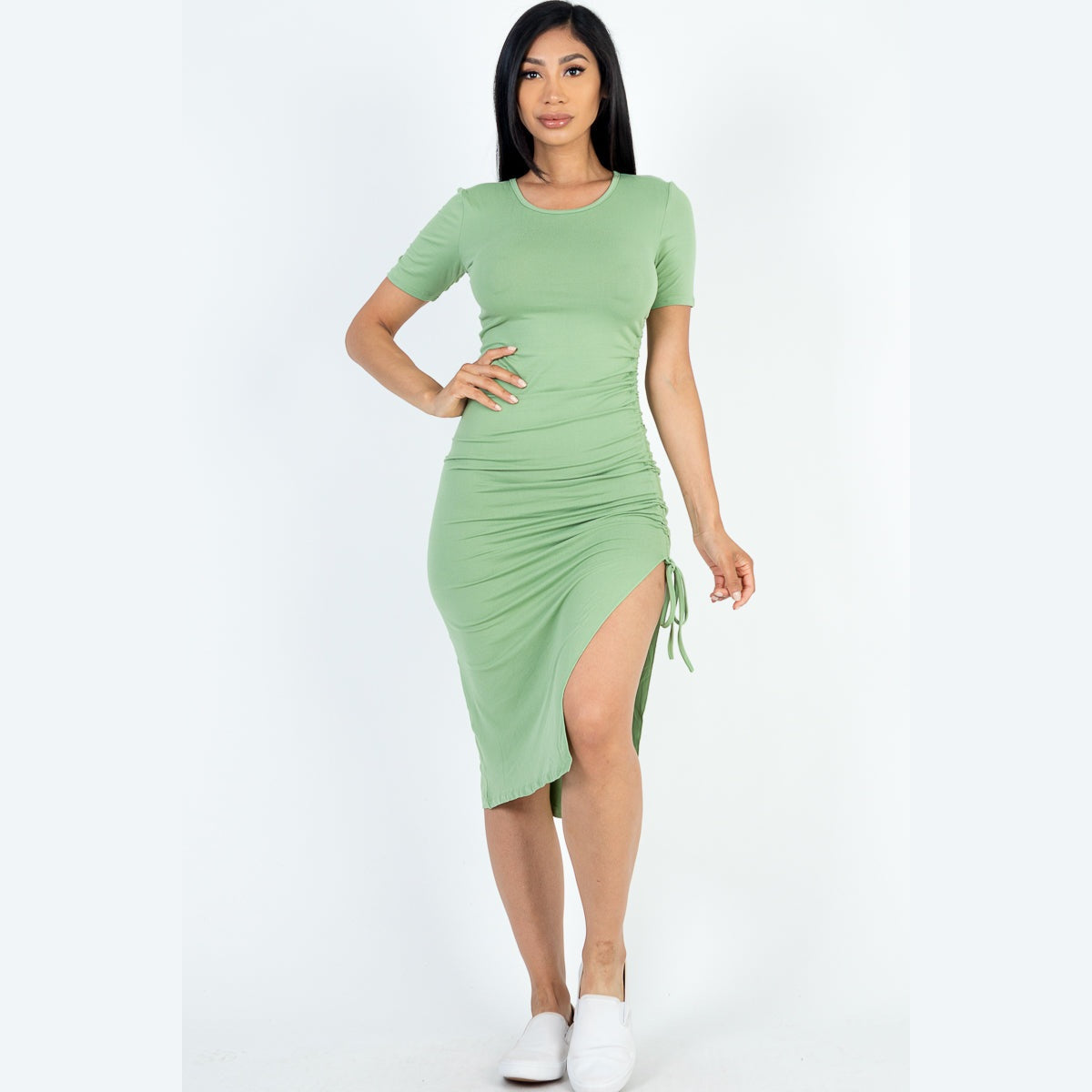 Drawstring Ruched Side Split Hem Midi Dress