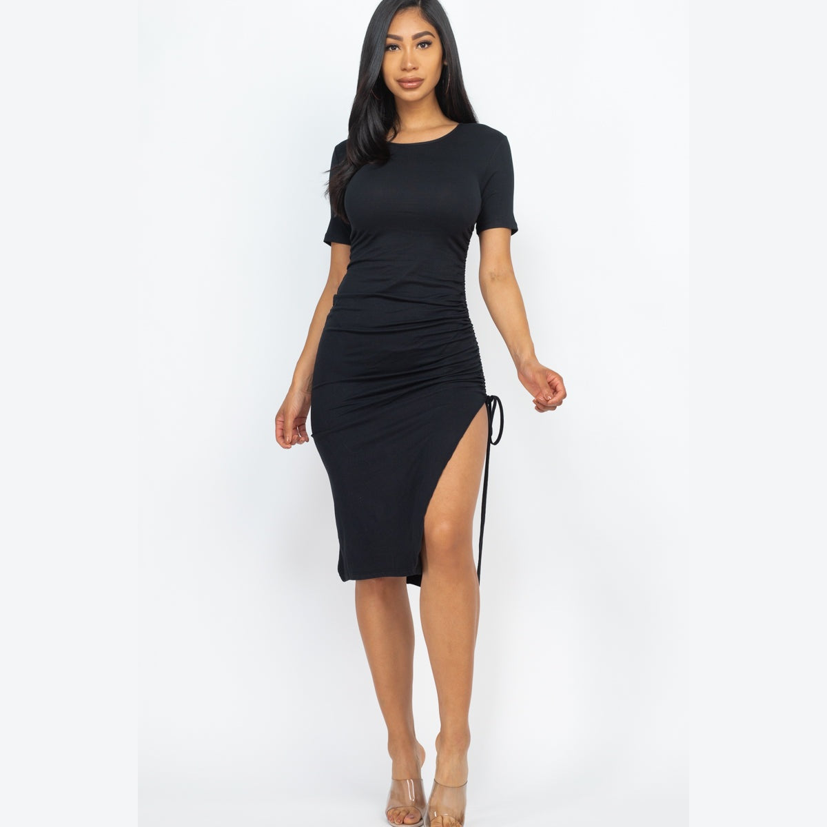 Drawstring Ruched Side Split Hem Midi Dress