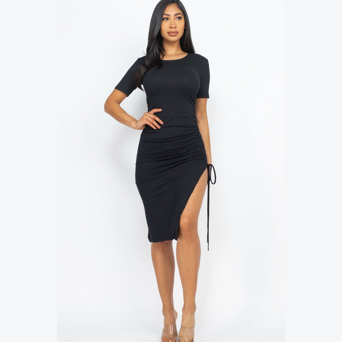 Drawstring Ruched Side Split Hem Midi Dress
