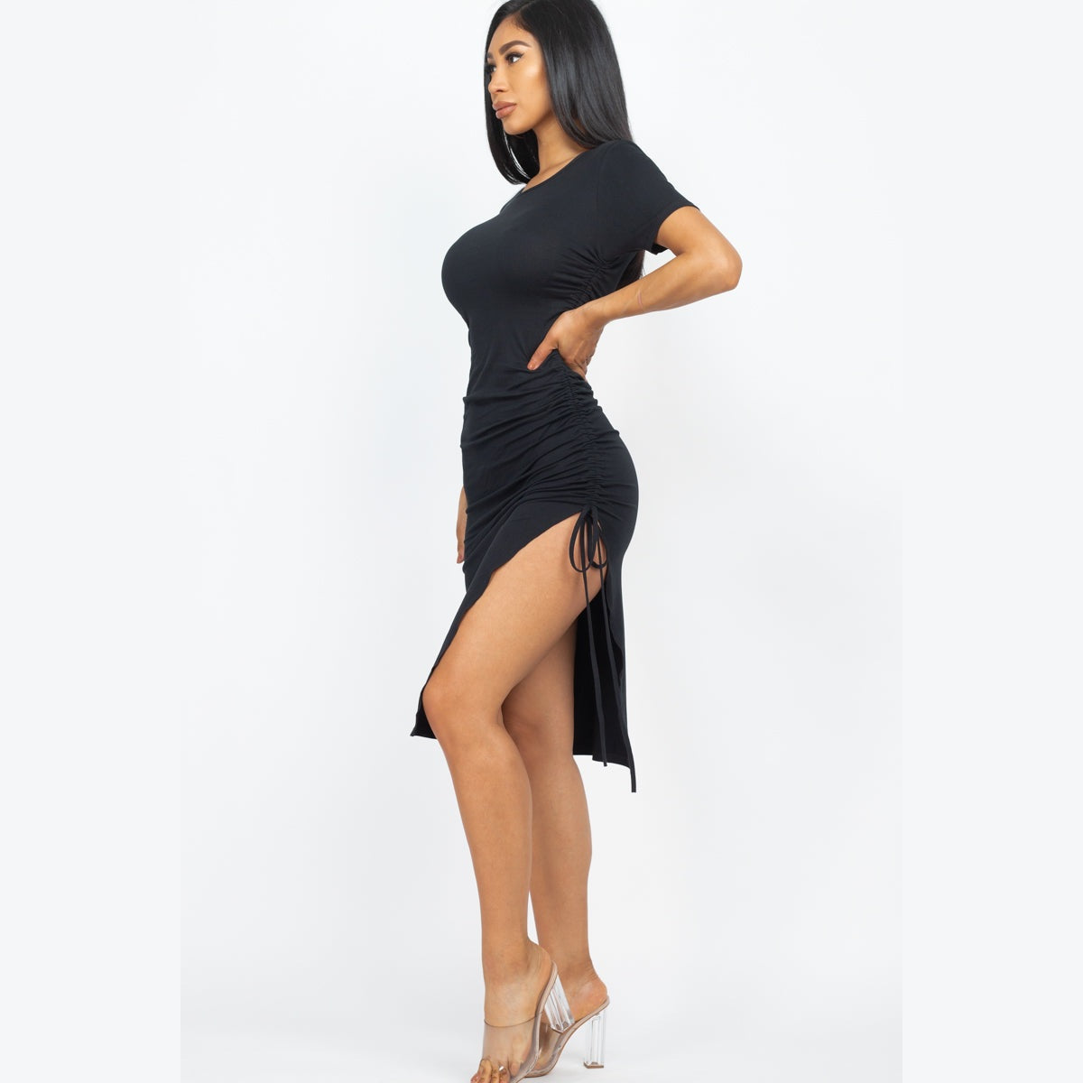 Drawstring Ruched Side Split Hem Midi Dress