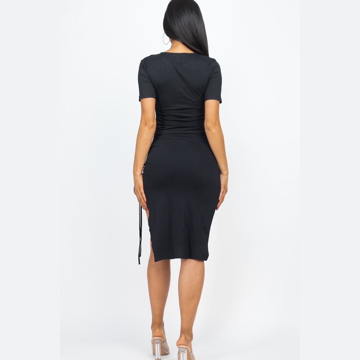Drawstring Ruched Side Split Hem Midi Dress