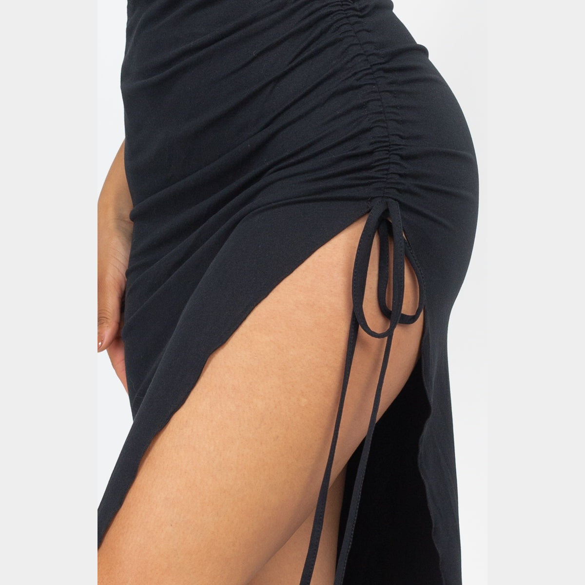 Drawstring Ruched Side Split Hem Midi Dress