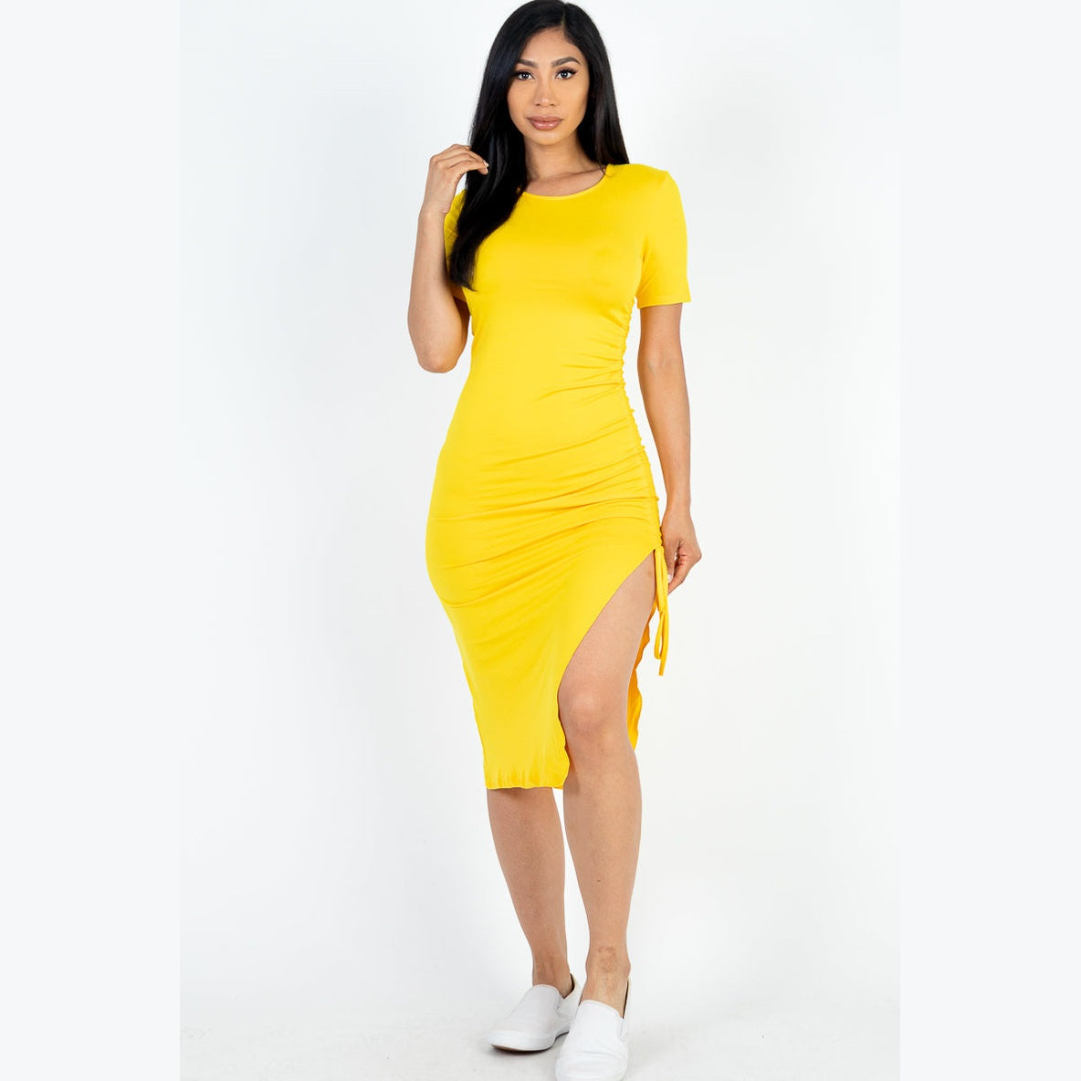 Drawstring Ruched Side Split Hem Midi Dress