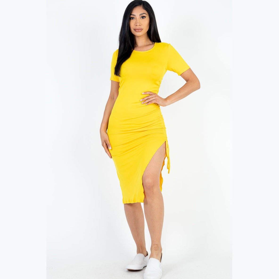 Drawstring Ruched Side Split Hem Midi Dress