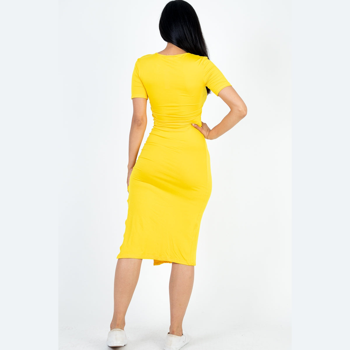 Drawstring Ruched Side Split Hem Midi Dress