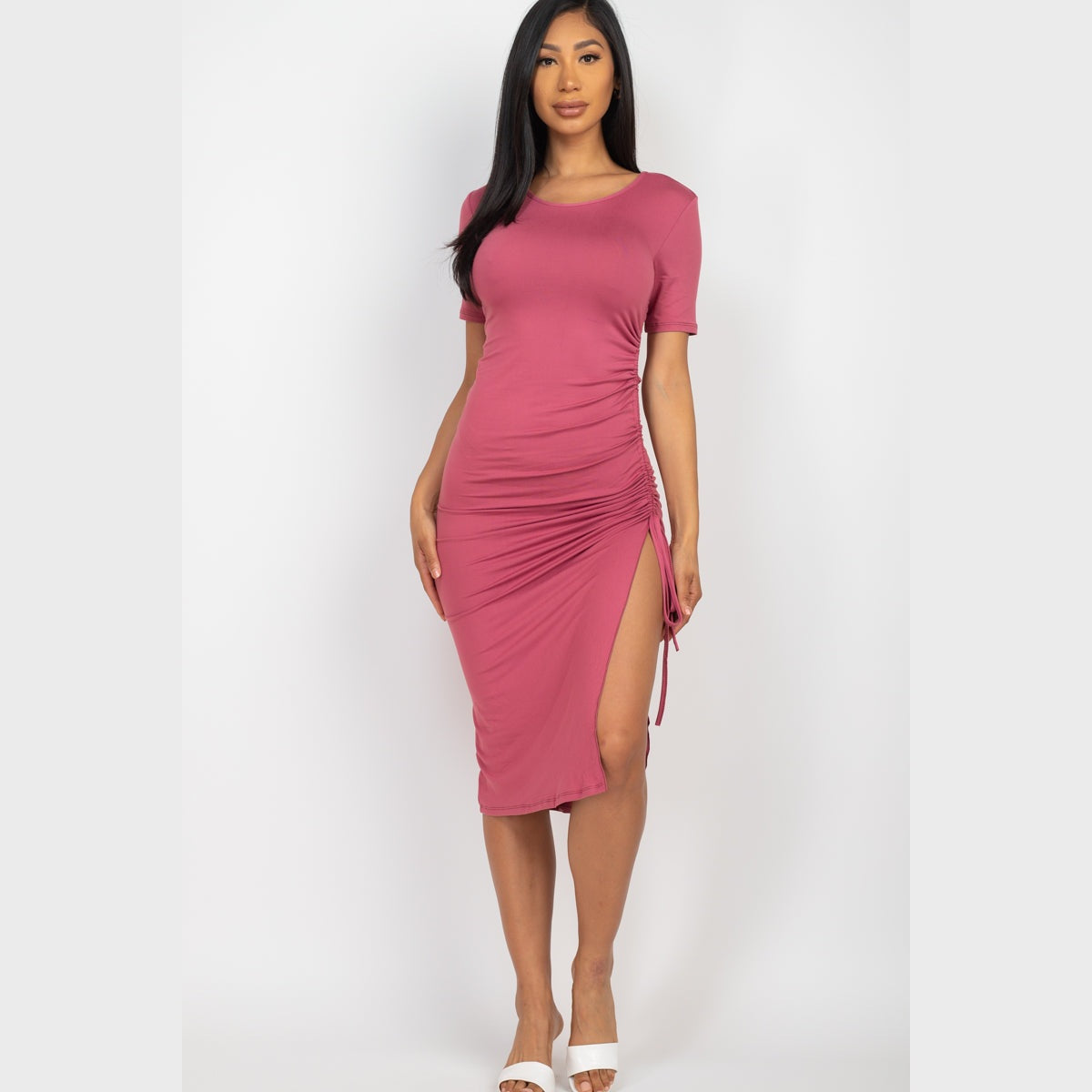Drawstring Ruched Side Split Hem Midi Dress