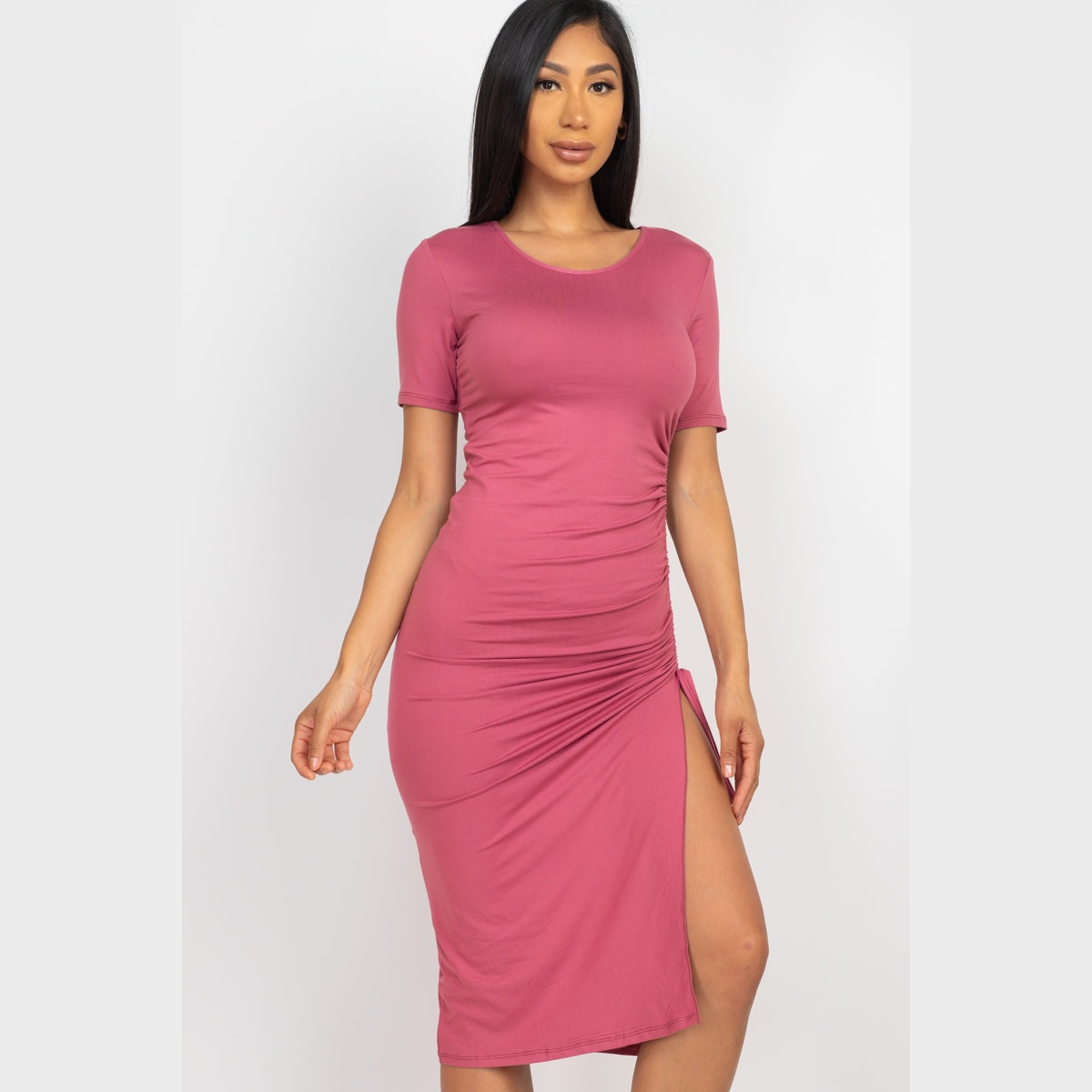 Drawstring Ruched Side Split Hem Midi Dress