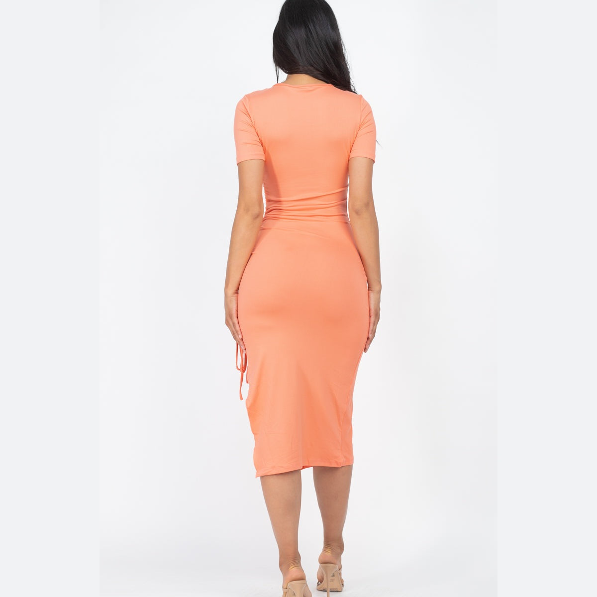 Drawstring Ruched Side Split Hem Midi Dress