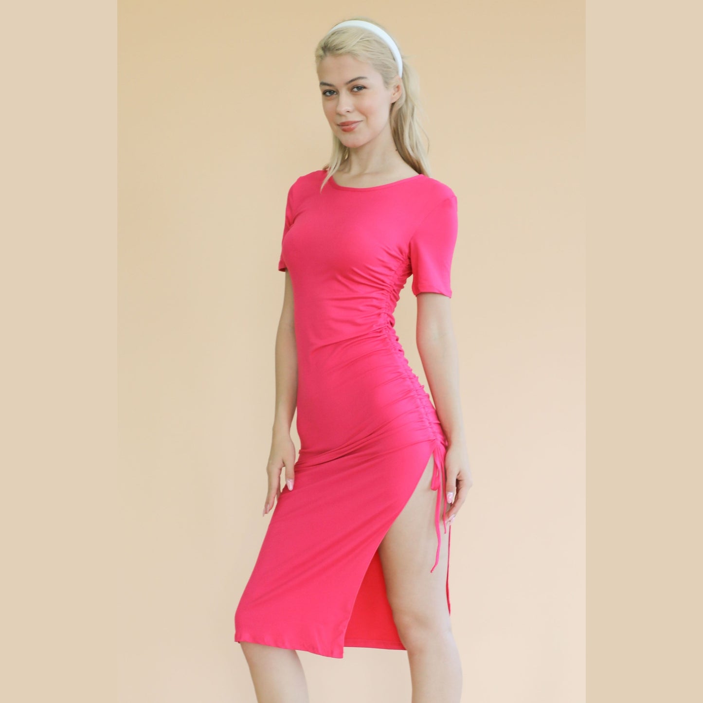 Drawstring Ruched Side Split Hem Midi Dress