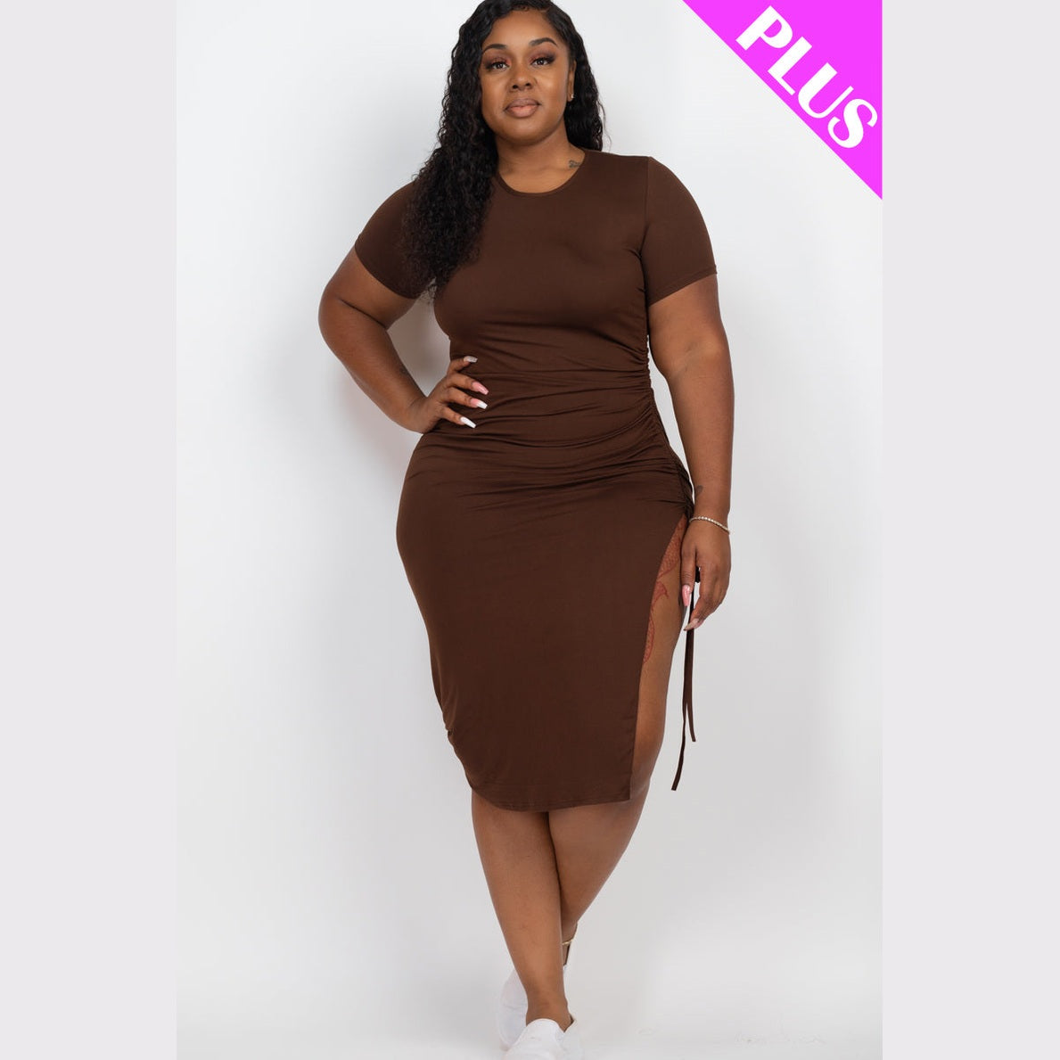 Plus Size Drawstring Ruched Side Split Hem Midi Dress