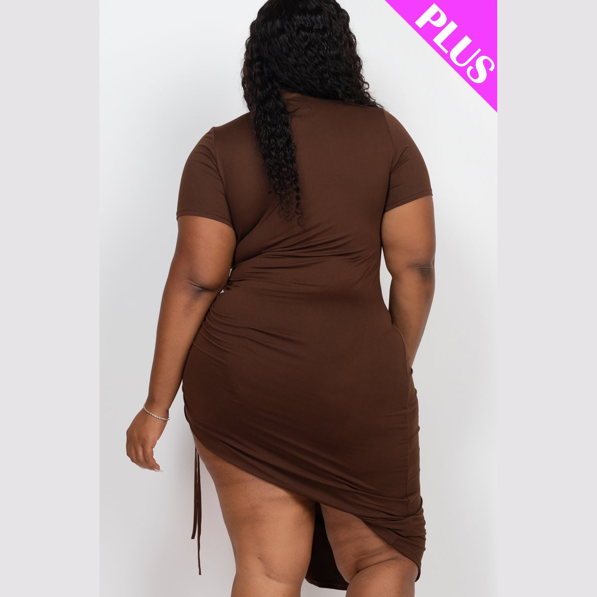 Plus Size Drawstring Ruched Side Split Hem Midi Dress