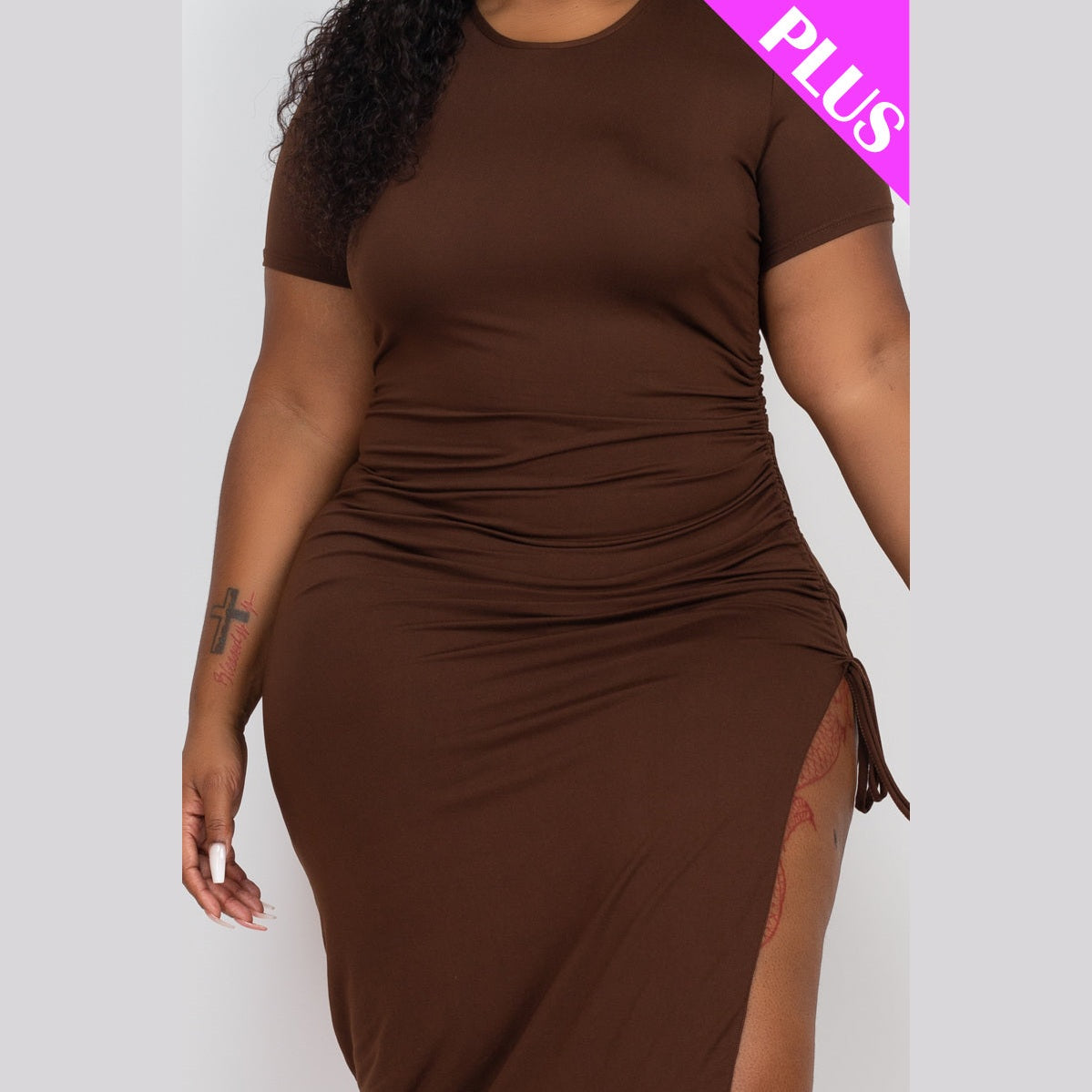 Plus Size Drawstring Ruched Side Split Hem Midi Dress