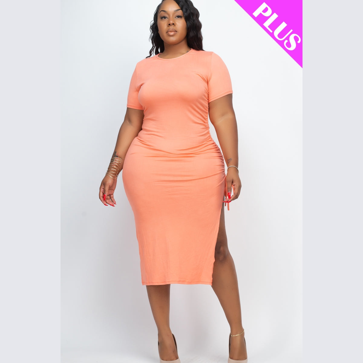 Plus Size Drawstring Ruched Side Split Hem Midi Dress