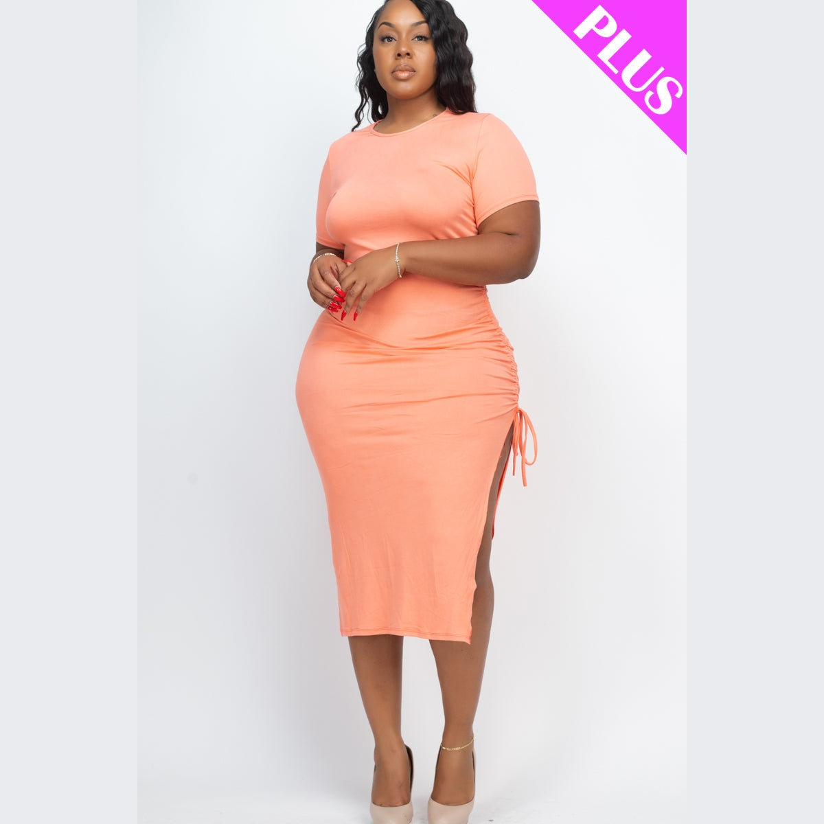 Plus Size Drawstring Ruched Side Split Hem Midi Dress