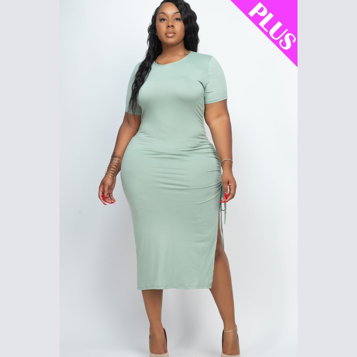 Plus Size Drawstring Ruched Side Split Hem Midi Dress