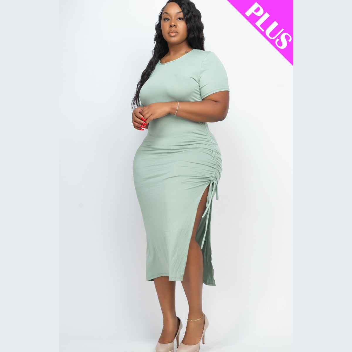 Plus Size Drawstring Ruched Side Split Hem Midi Dress