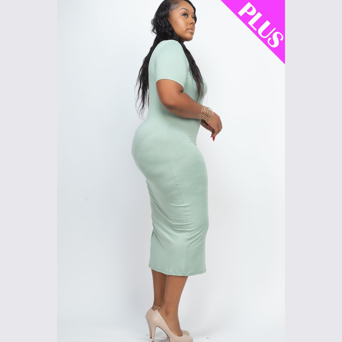 Plus Size Drawstring Ruched Side Split Hem Midi Dress