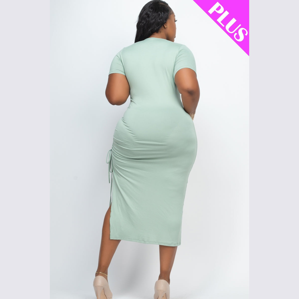 Plus Size Drawstring Ruched Side Split Hem Midi Dress