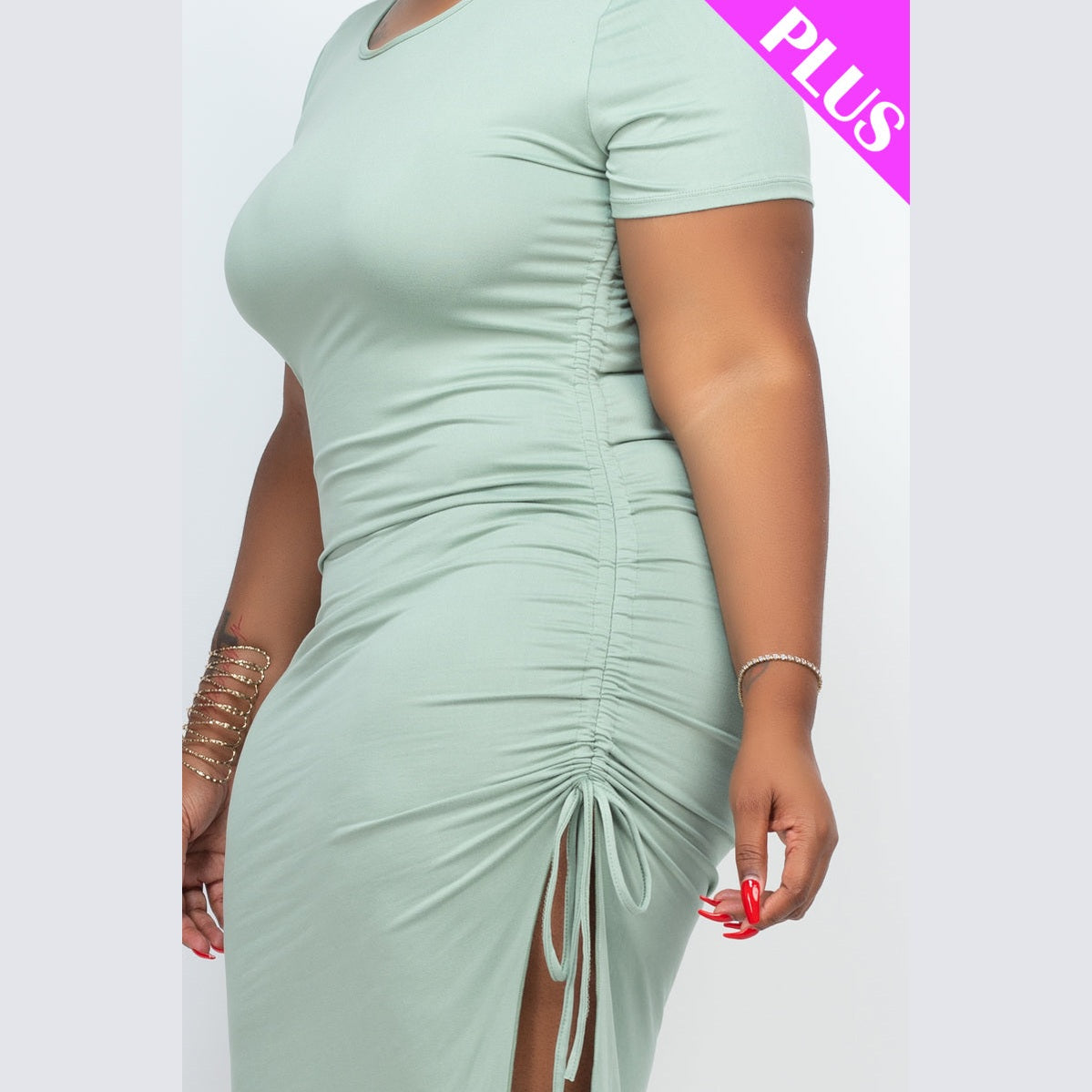 Plus Size Drawstring Ruched Side Split Hem Midi Dress