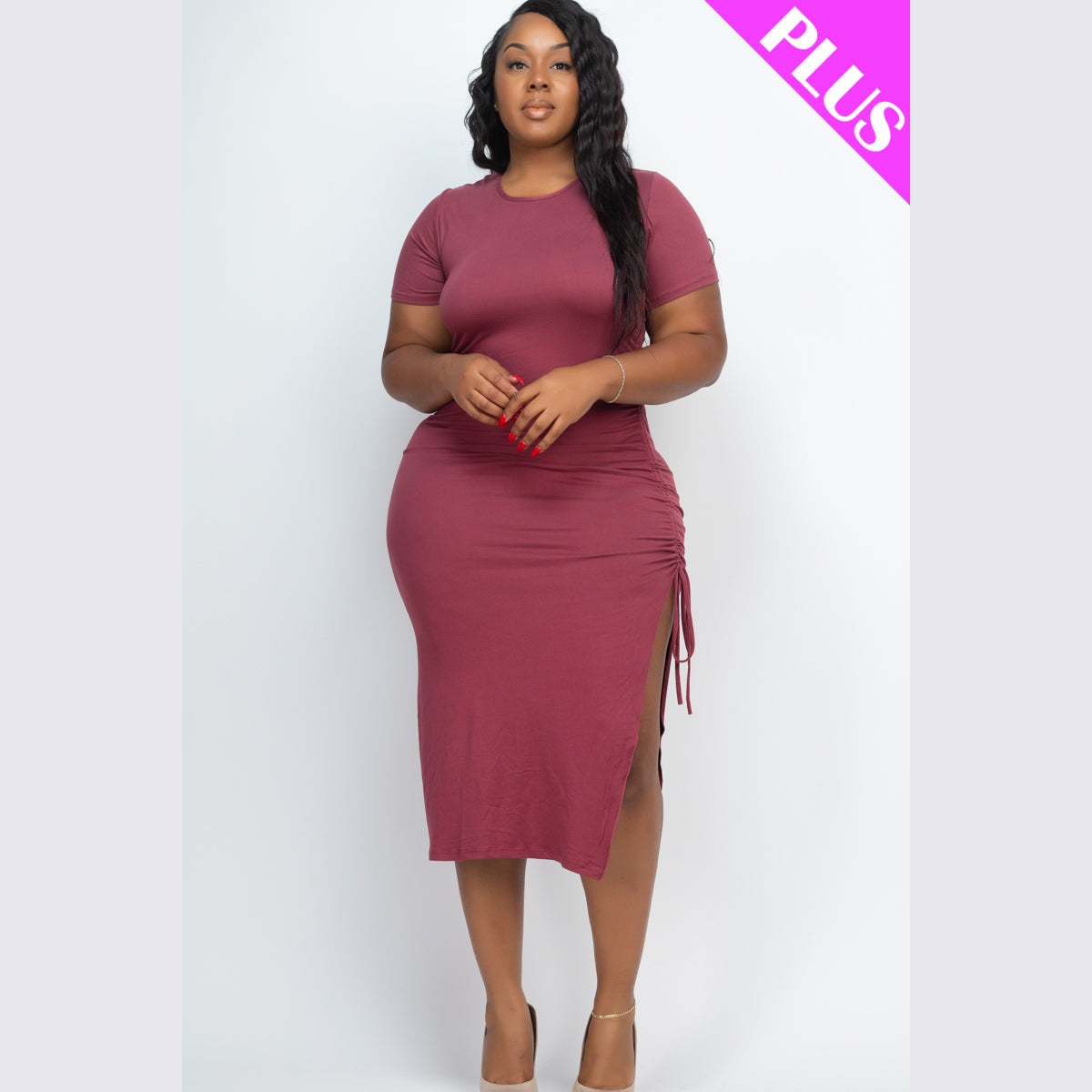 Plus Size Drawstring Ruched Side Split Hem Midi Dress